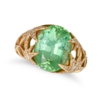 BOODLES, A GREEN TOURMALINE AND DIAMOND DRESS RING in 18ct yellow gold, set with an oval cut gree...