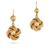 A PAIR OF ANTIQUE LOVER'S KNOT EARRINGS in 9ct yellow gold, each earring suspending a textured lo...