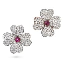 A PAIR OF RUBY AND DIAMOND CLOVER EARRINGS in 18ct gold, each designed as a four-leaf clover, set...