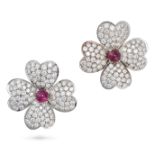 A PAIR OF RUBY AND DIAMOND CLOVER EARRINGS in 18ct gold, each designed as a four-leaf clover, set...