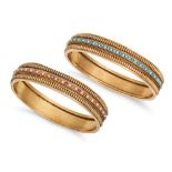 A PAIR OF CORAL, TURQUOISE AND PEARL BANGLES in 15ct yellow gold, the hinged bangles set with a r...