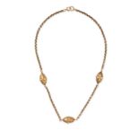AN ANTIQUE GOLD CHAIN NECKLACE in yellow gold, comprising a fancy link chain with three torpedo s...