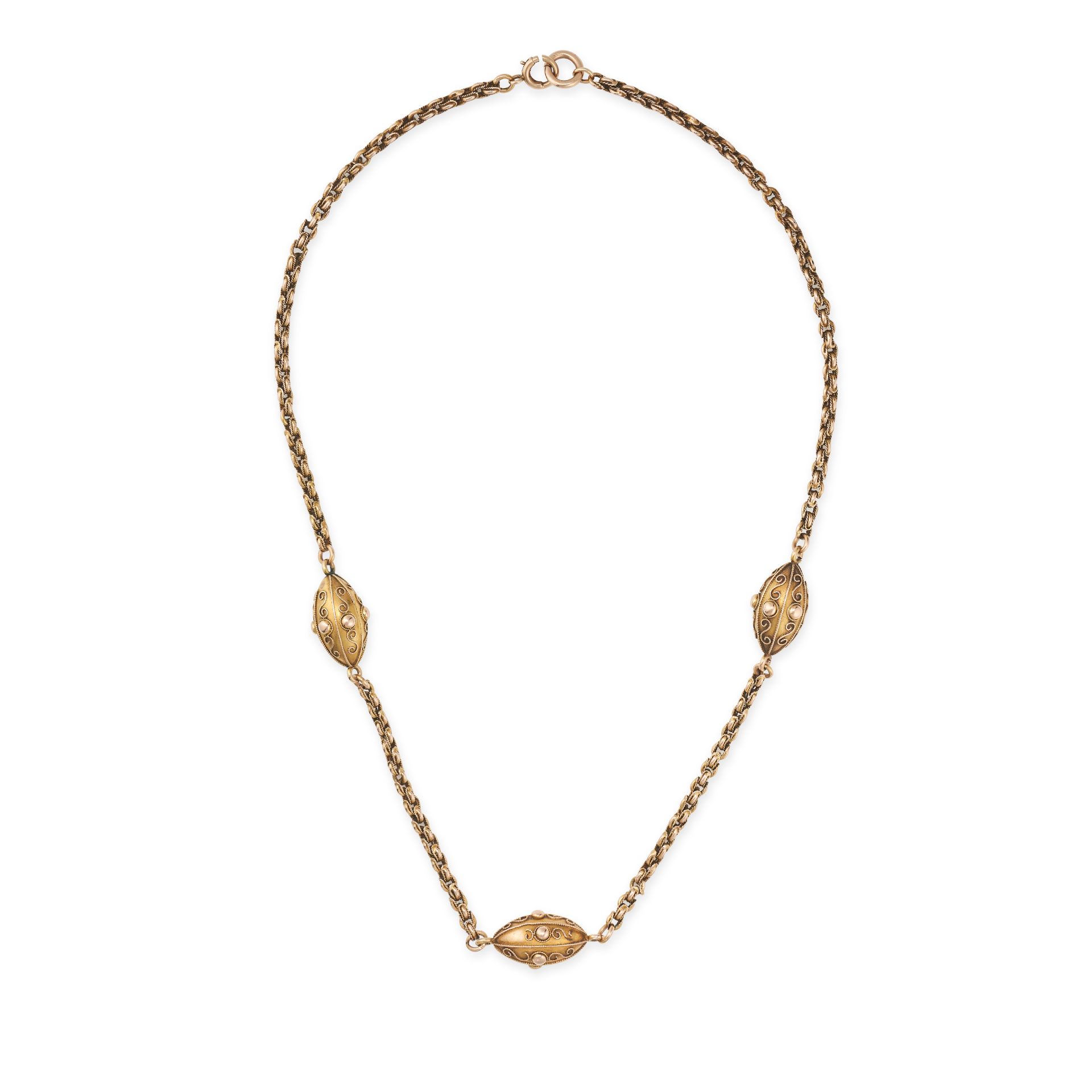 AN ANTIQUE GOLD CHAIN NECKLACE in yellow gold, comprising a fancy link chain with three torpedo s...