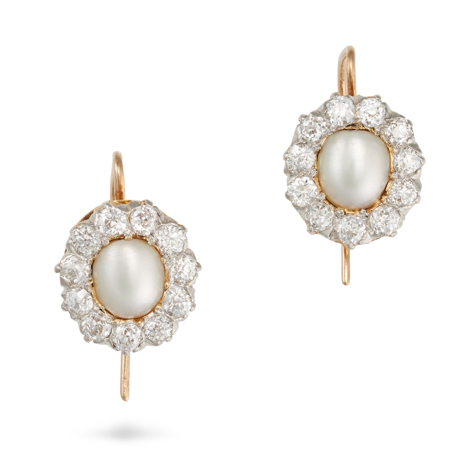 A PAIR OF NATURAL SALTWATER PEARL AND DIAMOND CLUSTER EARRINGS in yellow gold, each set with a ha...