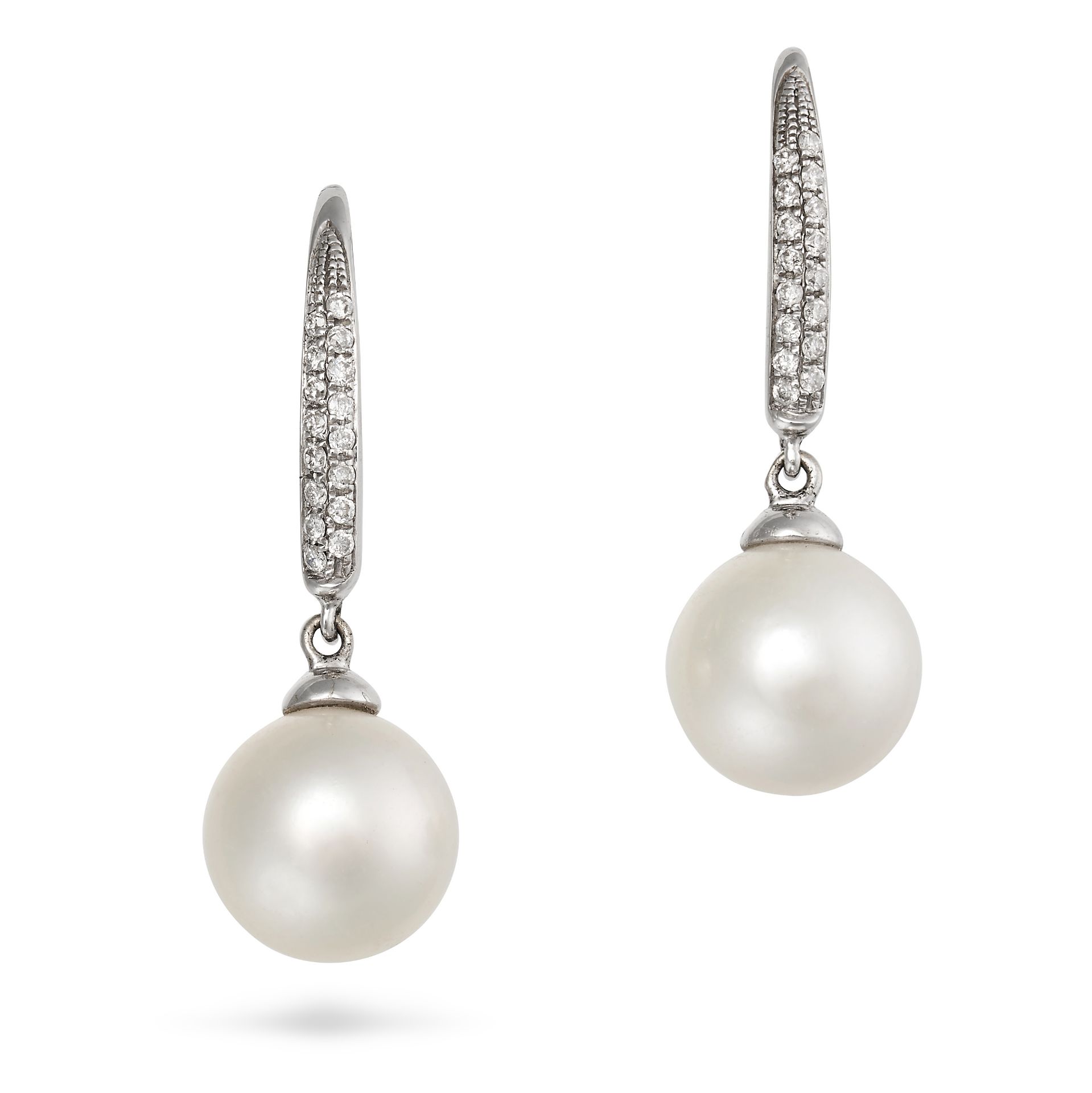 A PAIR OF PEARL AND DIAMOND DROP EARRINGS in 18ct white gold, each earring designed as line of ro...
