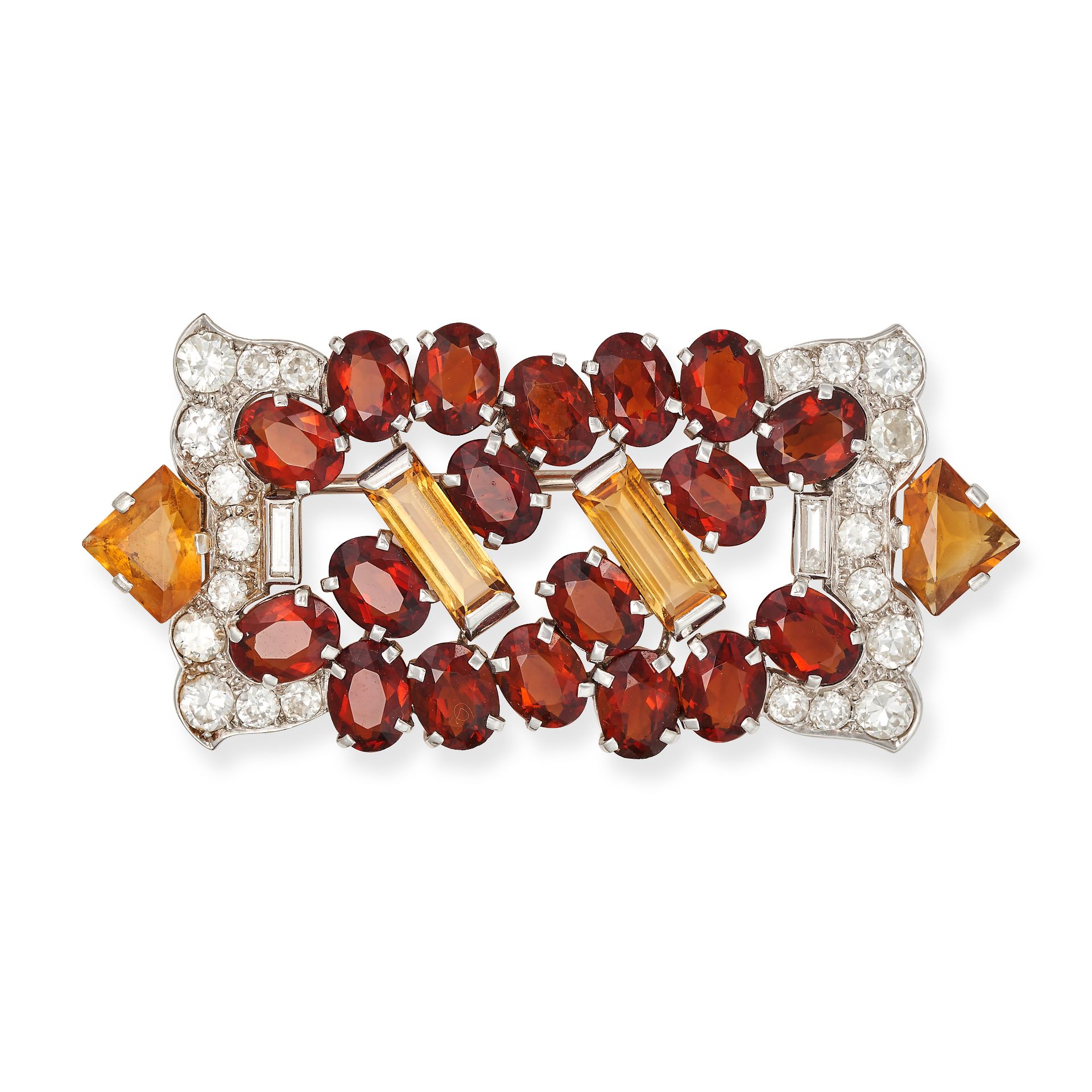 A CITRINE AND DIAMOND BROOCH in white gold, the geometric brooch set with two baguette cut citrin...