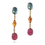 A PAIR OF BLUE TOPAZ, CITRINE, PINK TOURMALINE AND DIAMOND DROP EARRINGS in 18ct yellow gold, eac...
