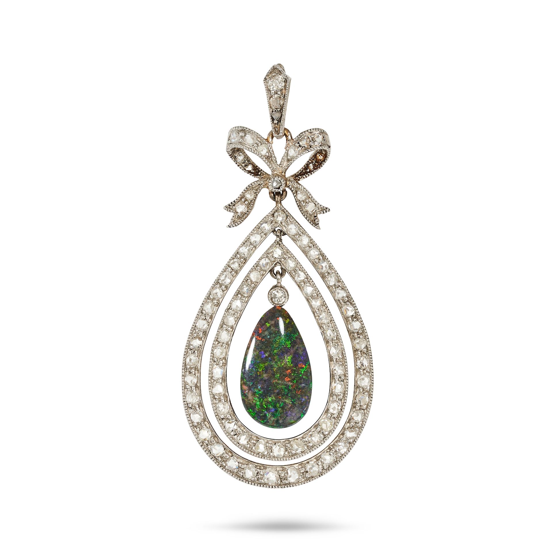 AN OPAL AND DIAMOND PENDANT in white gold, designed as a bow set with rose cut diamonds, suspendi...
