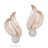 A PAIR OF DIAMOND LEAF CLIP EARRINGS in rose and white gold, each designed as a stylised pair of ...