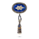 AN ANTIQUE DIAMOND, ENAMEL AND PEARL BROOCH in yellow gold and silver, the domed brooch comprisin...