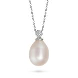 NO RESERVE - A PEARL AND DIAMOND PENDANT NECKLACE in 18ct white gold, the pendant set with a roun...
