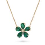 AN EMERALD AND DIAMOND FLOWER PENDANT NECKLACE in 14ct yellow gold, set with a round cut diamond ...