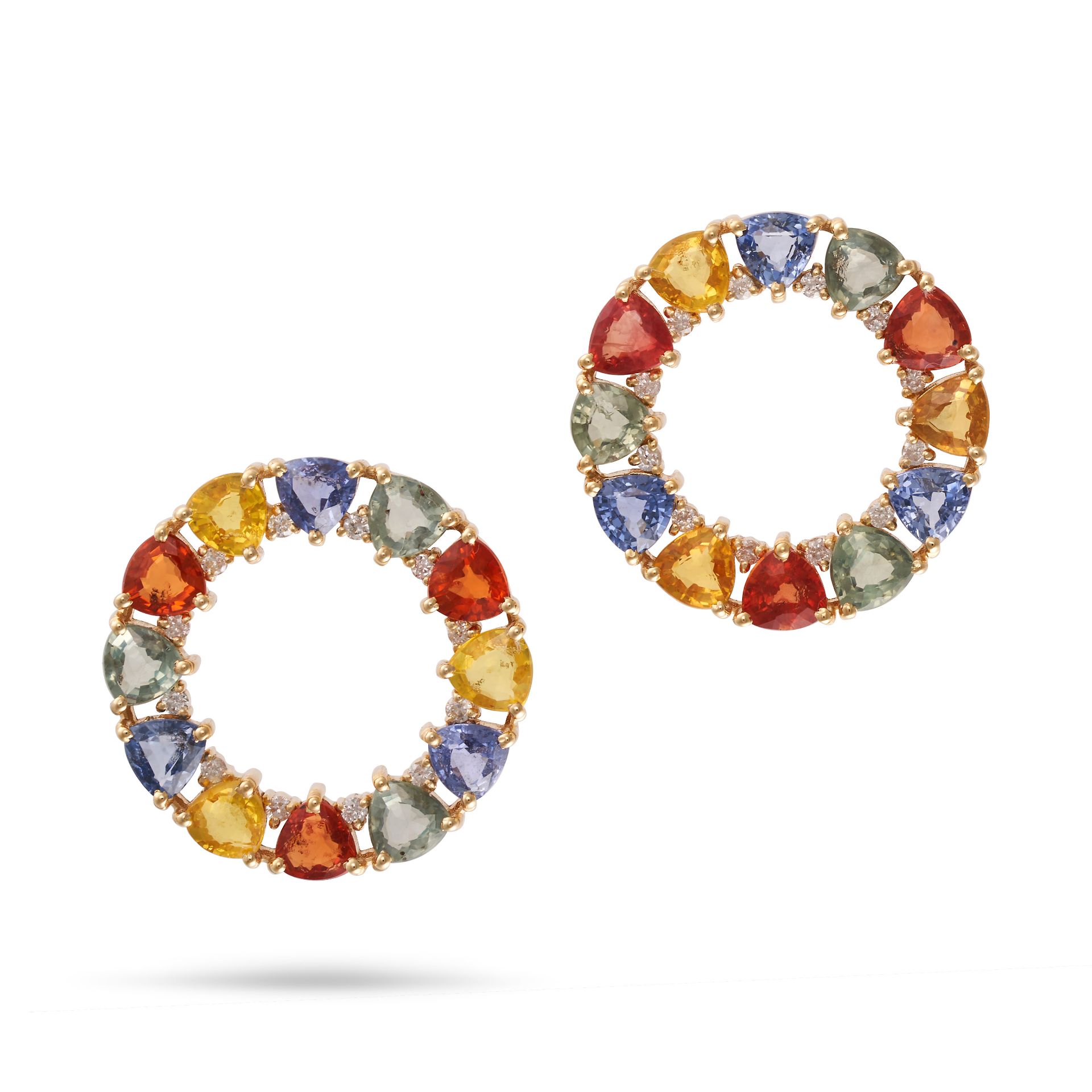 A PAIR OF MULTICOLOUR SAPPHIRE AND DIAMOND EARRINGS in 18ct yellow gold, each comprising an openw...