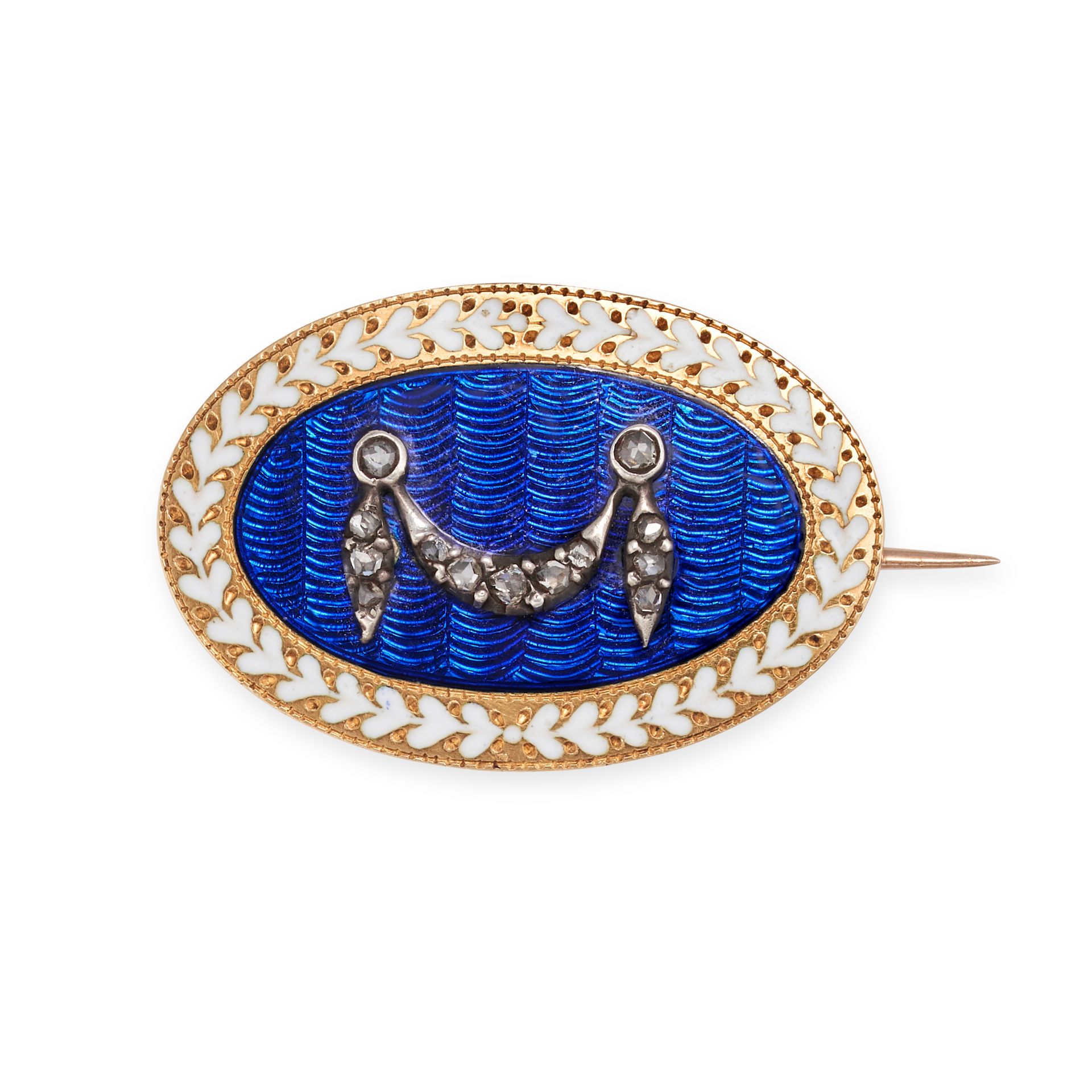 AN ANTIQUE DIAMOND AND ENAMEL BROOCH in yellow gold, the oval brooch decorated with blue and whit...