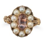 AN ANTIQUE PINK TOPAZ AND PEARL CLUSTER RING in yellow gold, set with a oval cut pink topaz in a ...
