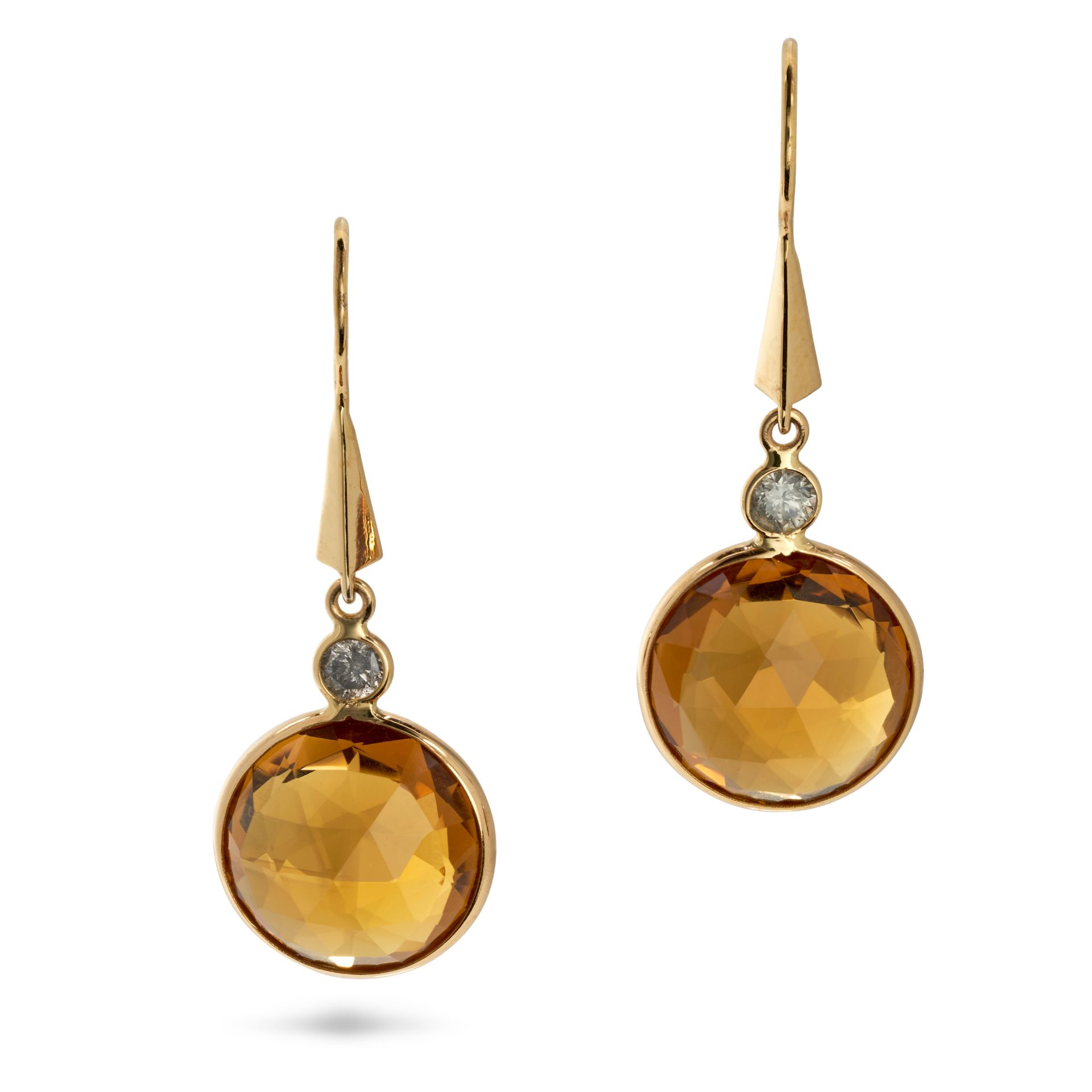 A PAIR OF CITRINE AND DIAMOND DROP EARRINGS in 18ct yellow gold, each set with a round brilliant ...
