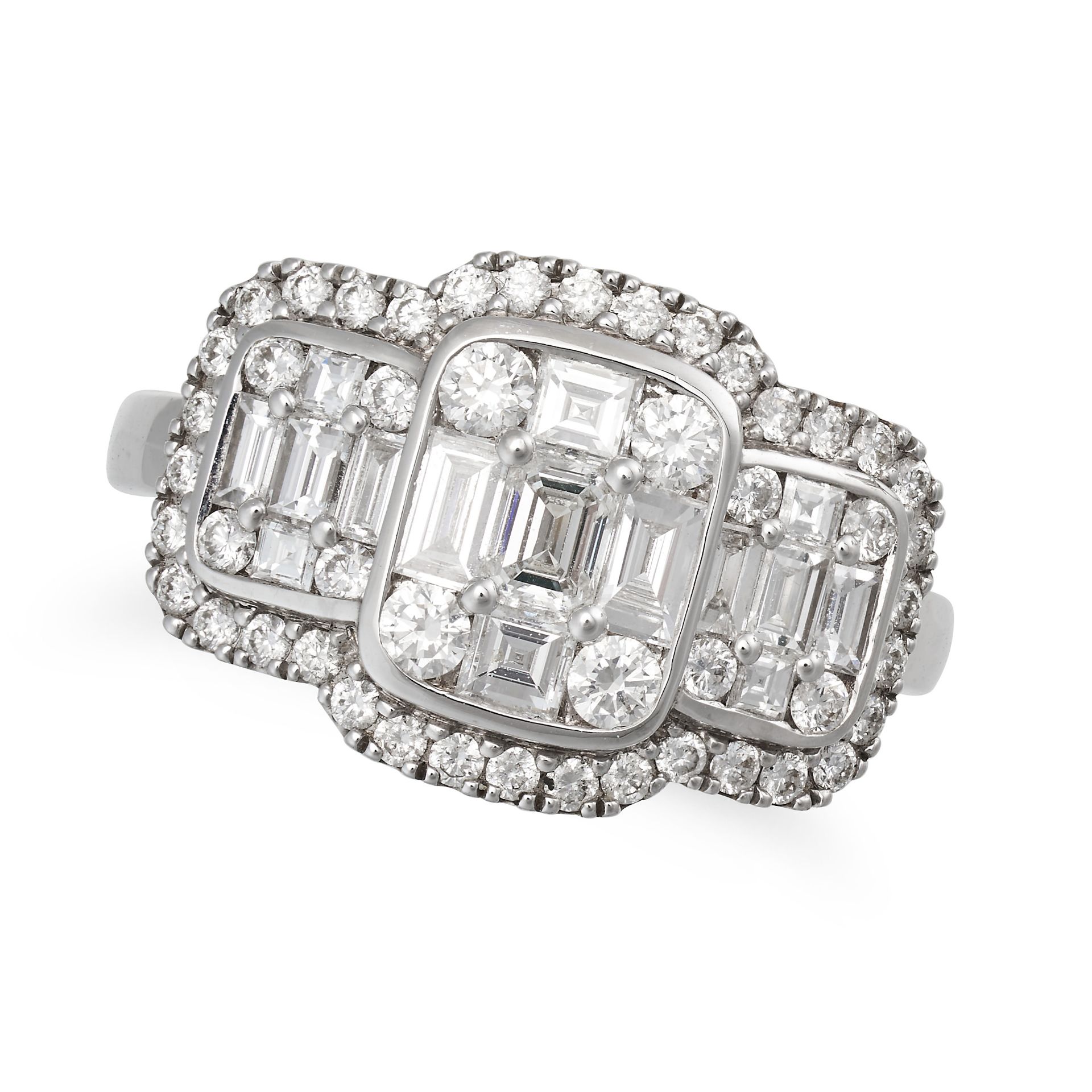 NO RESERVE - A DIAMOND ILLUSION CLUSTER RING in 18ct white gold, comprising three illusion set cl...