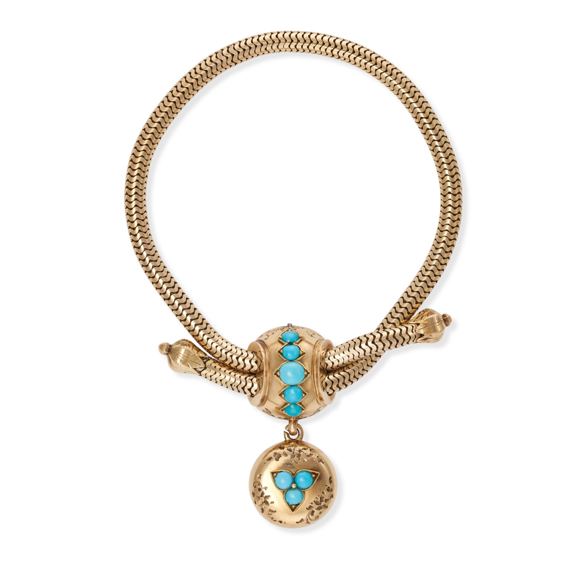 AN ANTIQUE VICTORIAN TURQUOISE BRACELET in yellow gold, comprising a snake link bracelet with a s...