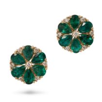 A PAIR OF EMERALD AND DIAMOND FLORAL EARRINGS in 18ct yellow gold, each set with a central round ...