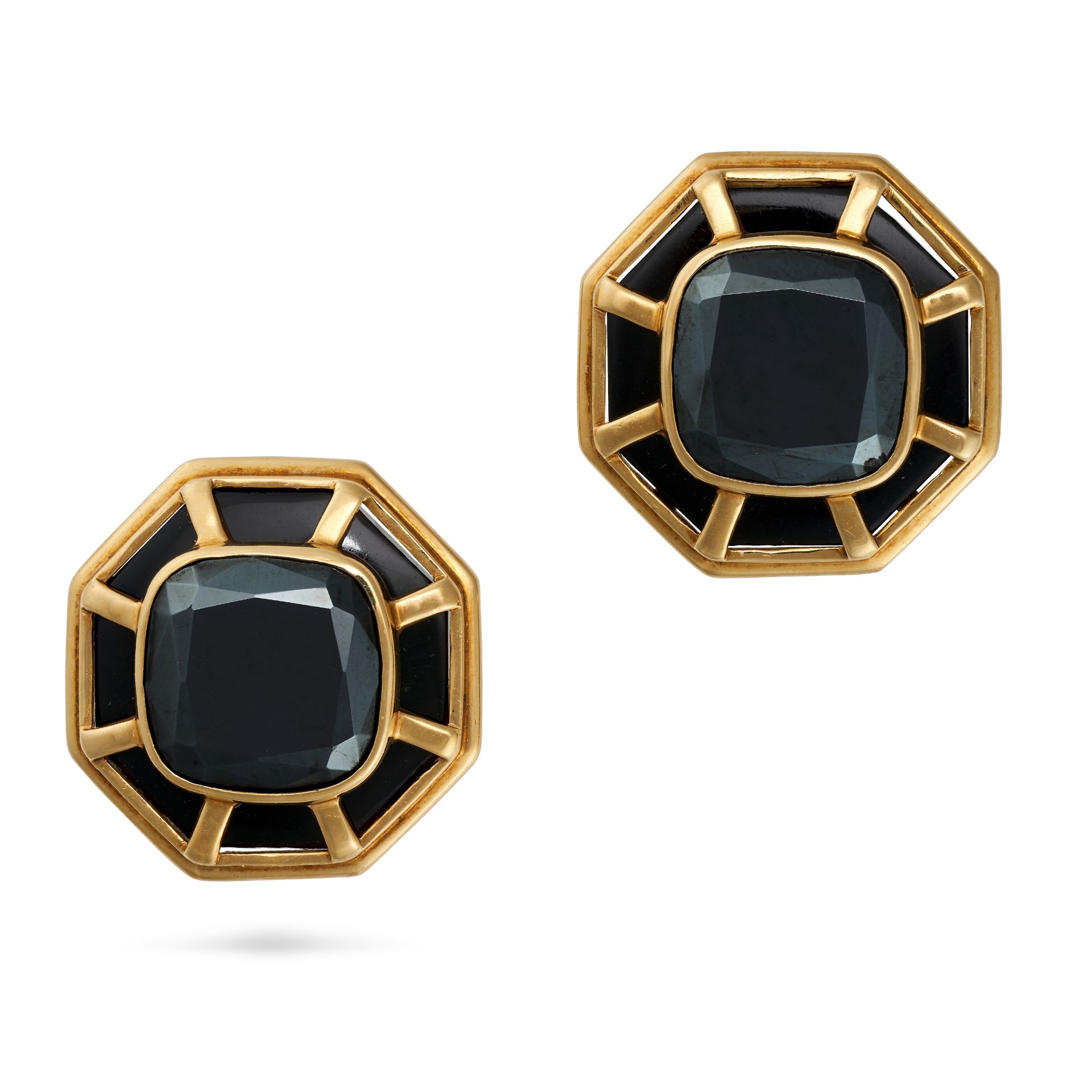 SUSAN BERMAN, A PAIR OF HEMATITE AND ONYX CLIP EARRINGS in 18ct yellow gold, each hexagonal face ...