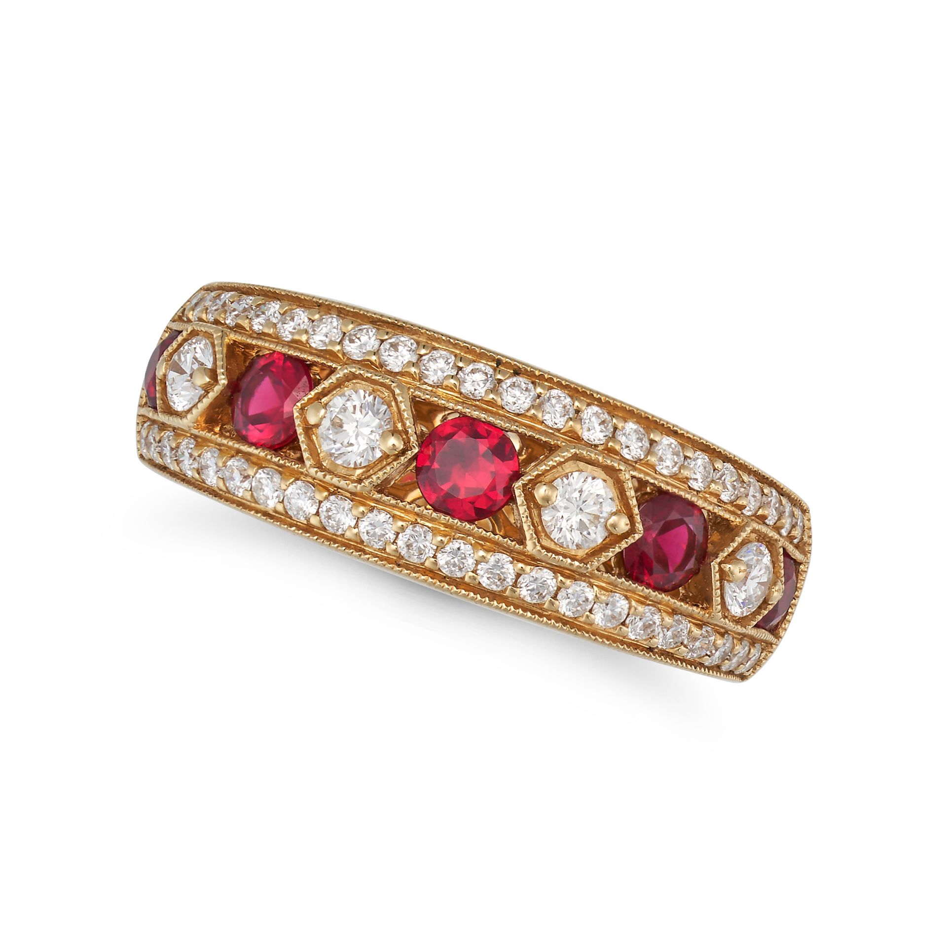 NO RESERVE - A SYNTHETIC RUBY AND DIAMOND RING in 18ct yellow gold, set with a row of alternating...