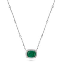 AN EMERALD AND DIAMOND PENDANT NECKLACE in 18ct white gold, the pendant set with a cushion cut em...