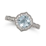 NO RESERVE - AN AQUAMARINE AND DIAMOND RING in 18ct white gold, set with a cushion cut aquamarine...