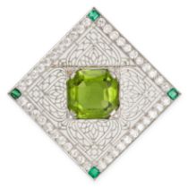 A VINTAGE PERIDOT, EMERALD AND DIAMOND BROOCH in platinum, the square openwork brooch set with a ...