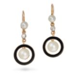 A PAIR OF ANTIQUE NATURAL SALTWATER PEARL, DIAMOND AND ENAMEL DROP EARRINGS in yellow gold, each ...