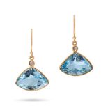 A PAIR OF BLUE TOPAZ AND DIAMOND DROP EARRINGS in 18ct yellow gold, each set with a round cut dia...