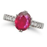 A RUBY AND DIAMOND RING in platinum, set with an oval cut ruby of approximately 1.54 carats, the ...