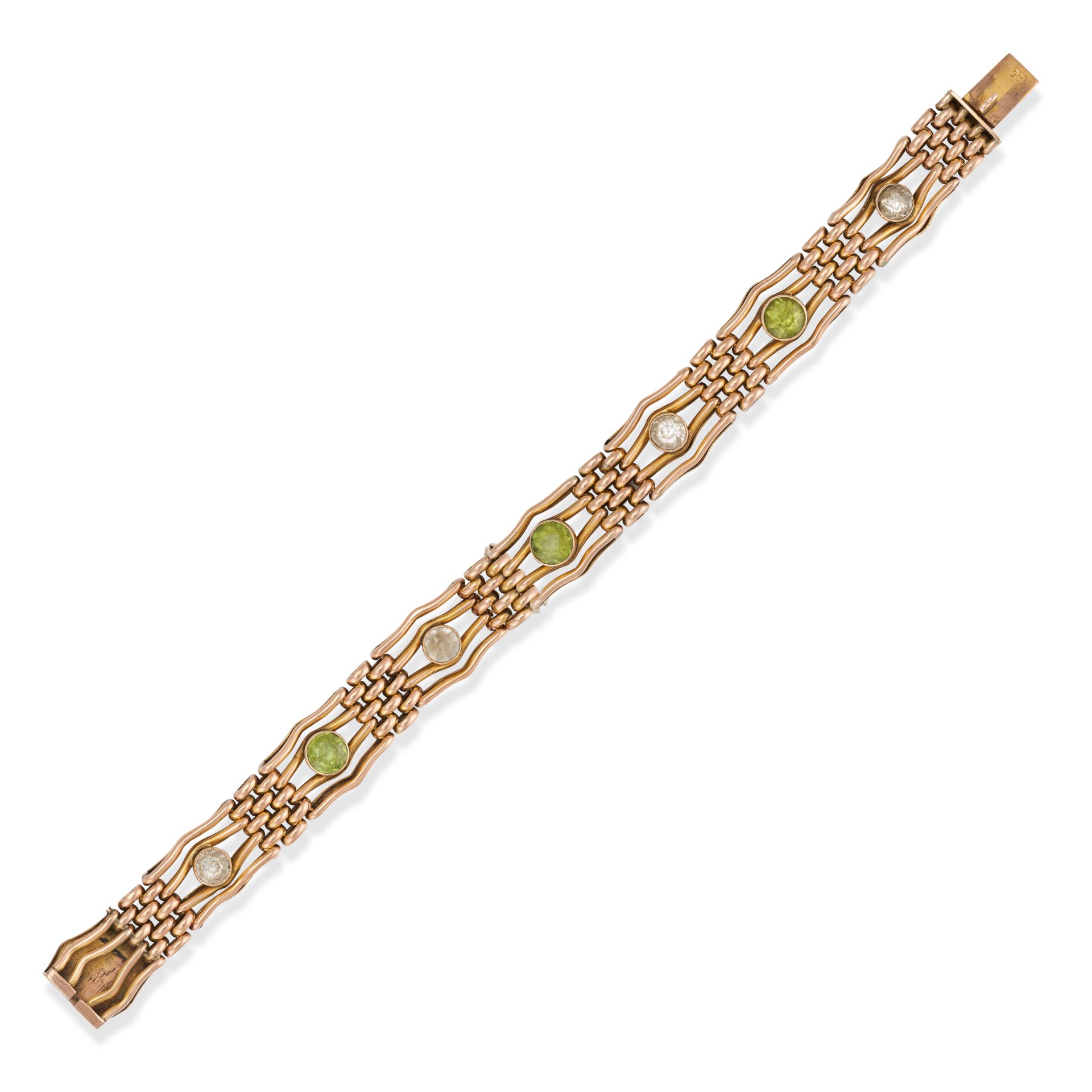 A PERIDOT AND WHITE SAPPHIRE GATE BRACELET in 9ct yellow gold, the gate bracelet set with alterna...