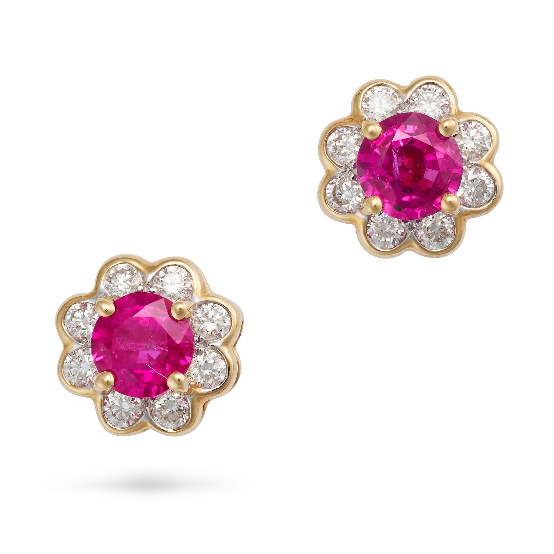 NO RESERVE - A PAIR OF RUBY AND DIAMOND CLUSTER EARRINGS in 18ct yellow gold, each set with a rou...