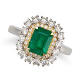 NO RESERVE - AN EMERALD AND DIAMOND CLUSTER RING in 18ct yellow and white gold, set with an octag...