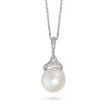 NO RESERVE - A PEARL AND DIAMOND PENDANT NECKLACE in 18ct white gold, the pendant set with a pear...