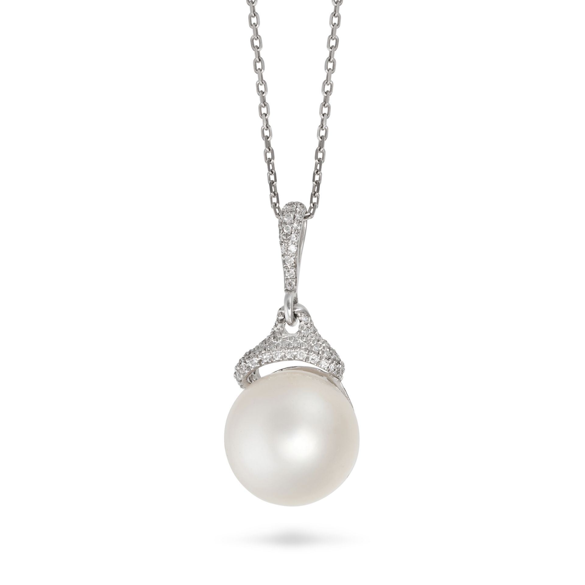 NO RESERVE - A PEARL AND DIAMOND PENDANT NECKLACE in 18ct white gold, the pendant set with a pear...