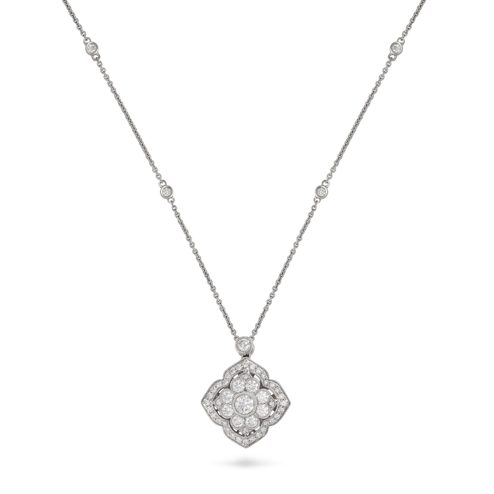 NO RESERVE - A DIAMOND PENDANT NECKLACE in 18ct white gold, the pendant set throughout with round...