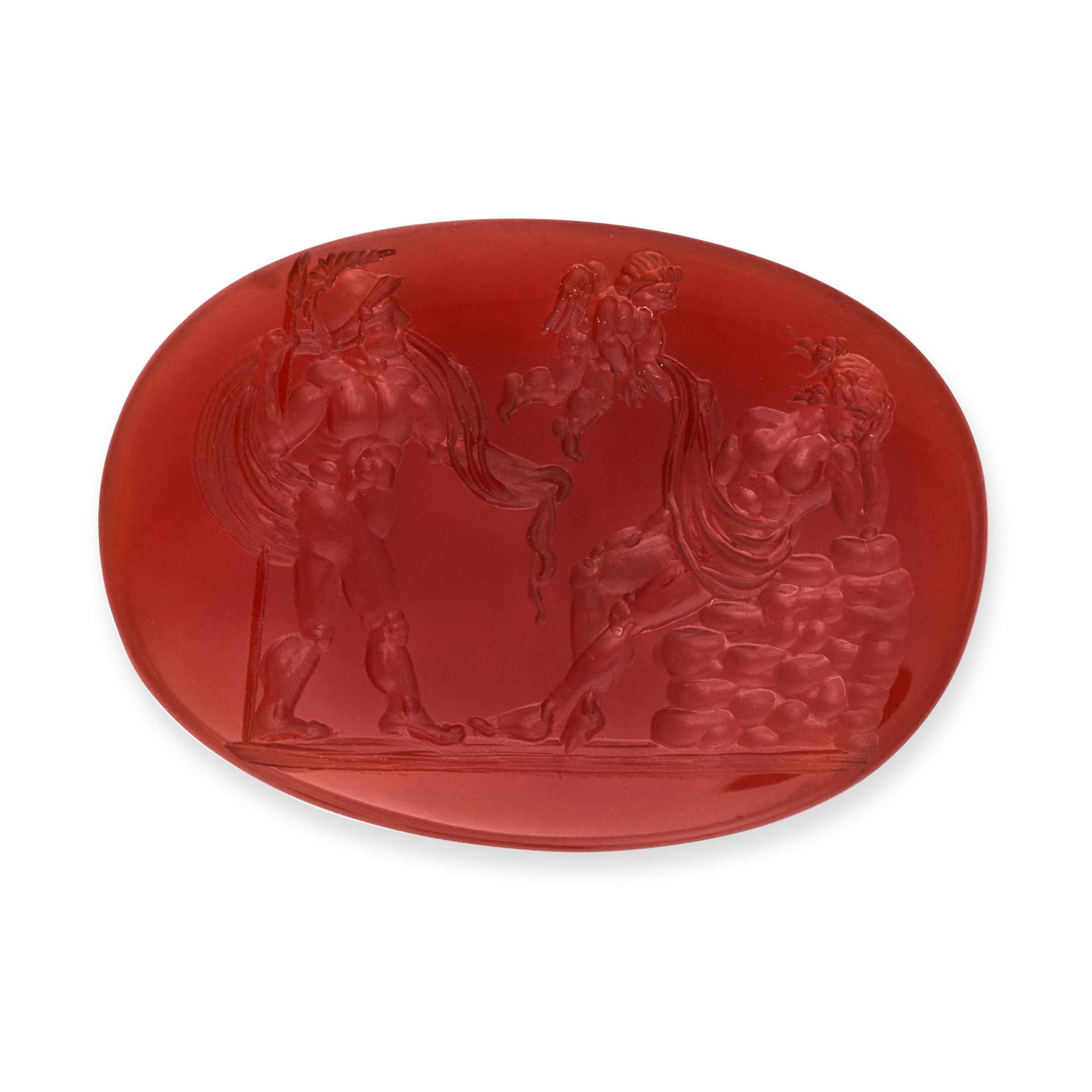 A CARNELIAN INTAGLIO the carnelian carved to depict Mars, Venus and Cupid, 4.2cm, 10.6g.