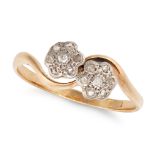 A DIAMOND TOI ET MOI CLUSTER RING in yellow gold, set with two clusters of rose cut diamonds, mar...
