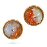A PAIR OF MULTICOLOURED JADE EARRINGS in 18ct yellow gold, each set with a mottled jade carved to...