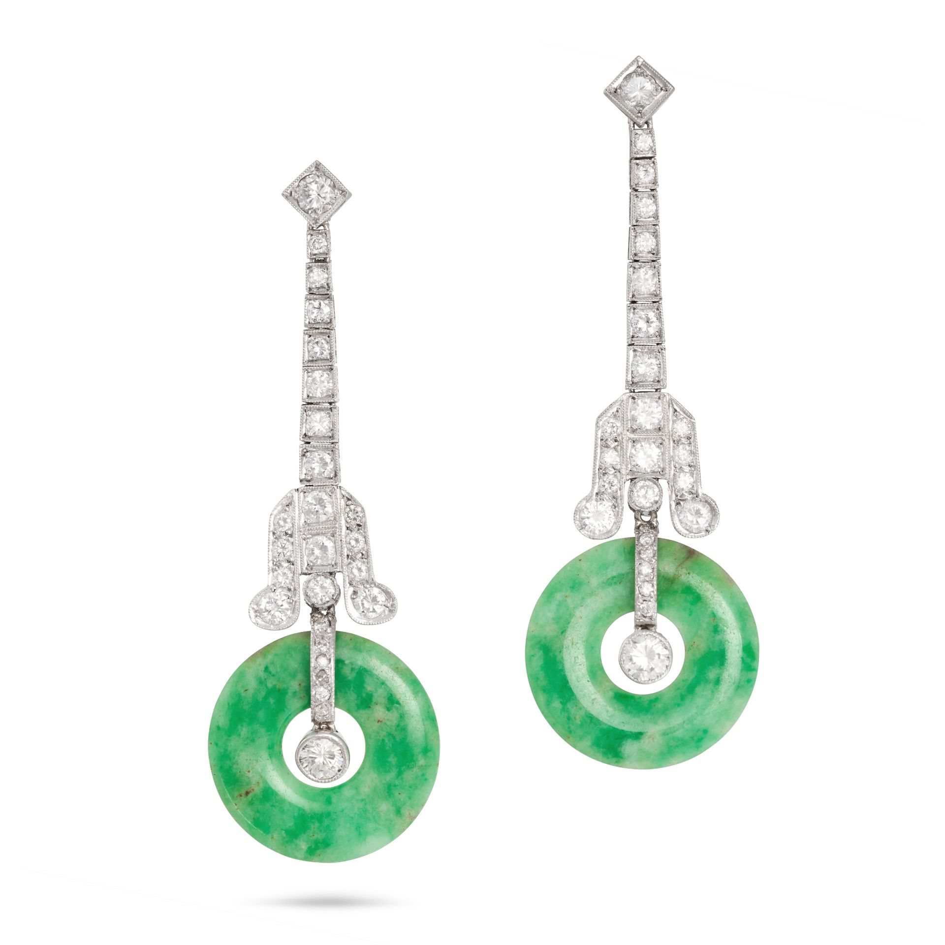 A PAIR OF JADEITE JADE AND DIAMOND DROP EARRINGS in white gold, the geometric bodies set with rou...