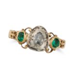 AN ANTIQUE DIAMOND AND GREEN PASTE RING in yellow gold and silver, set with a rose cut diamond be...