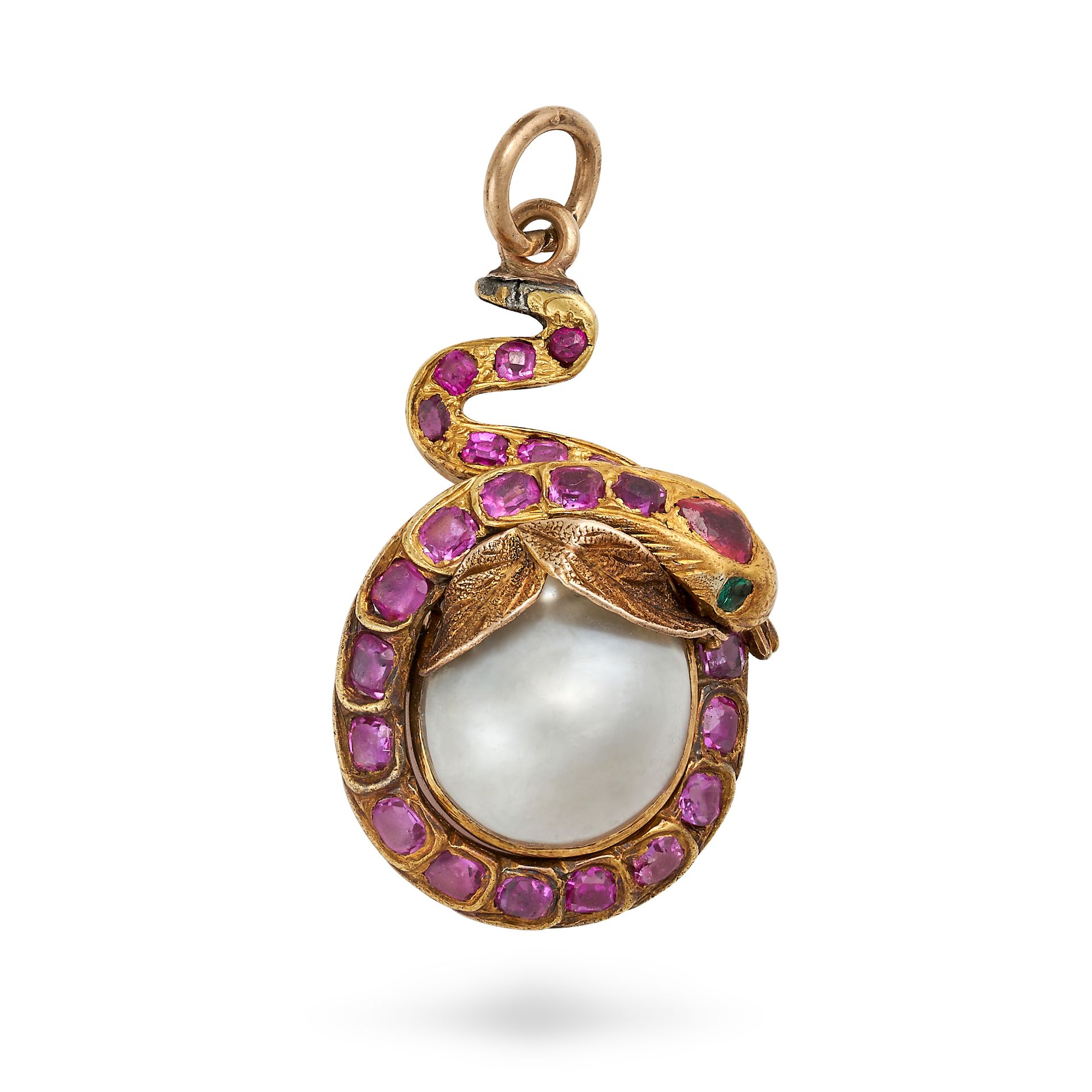 AN ANTIQUE RUBY AND PEARL SNAKE PENDANT in yellow gold, designed as a snake coiled around a blist...