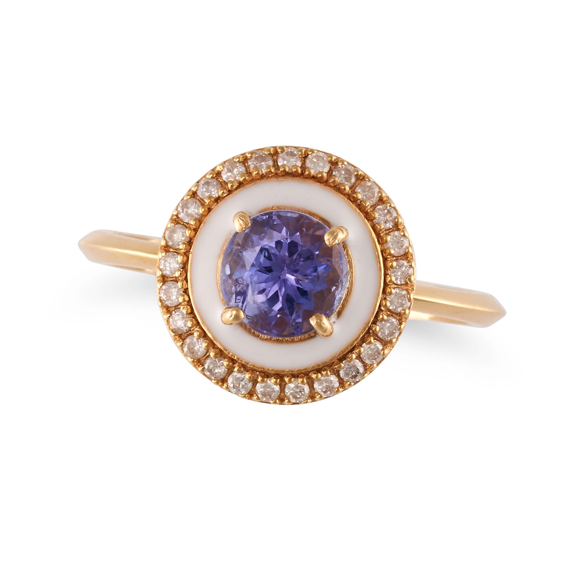 A TANZANITE, DIAMOND AND ENAMEL RING in 18ct yellow gold, set with a round cut tanzanite in conce...