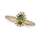NO RESERVE - A GREEN DIAMOND HALO RING in 18ct yellow gold, set with a pear cut green diamond of ...