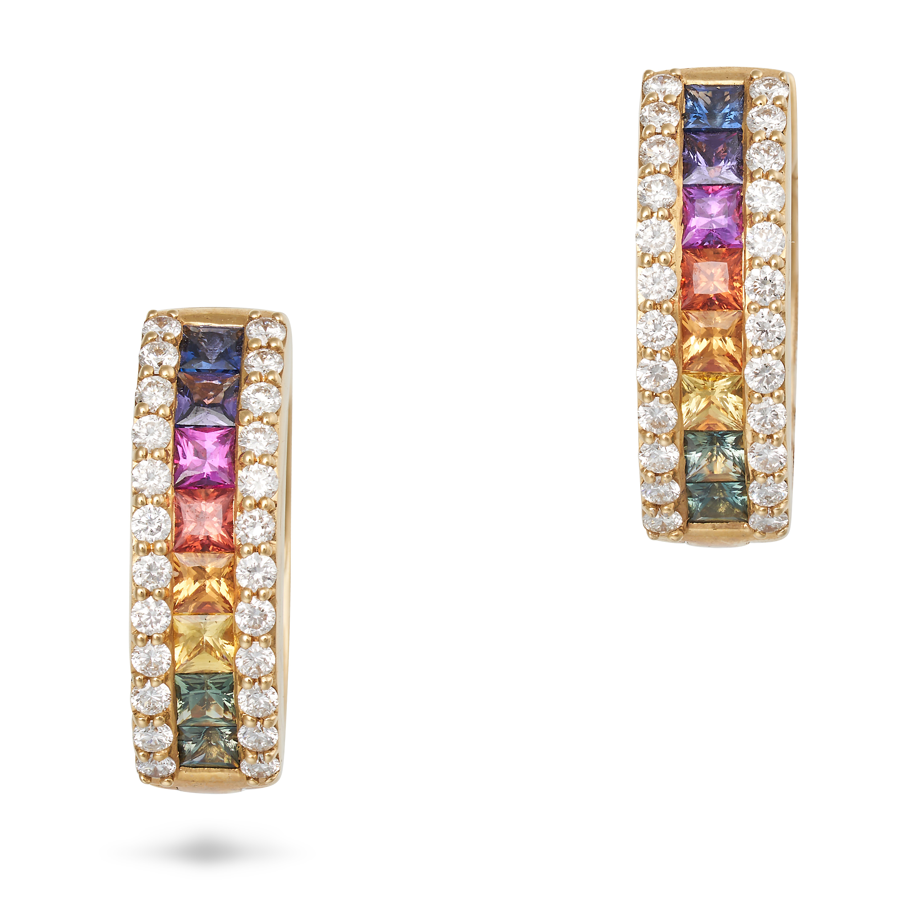 NO RESERVE - A PAIR OF MULTICOLOUR SAPPHIRE AND DIAMOND HOOP EARRINGS in 18ct yellow gold, compri...
