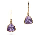 A PAIR OF AMETHYST DROP EARRINGS in 18ct yellow gold, each earring set with a triangular fancy cu...