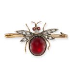 AN ANTIQUE GARNET, DIAMOND AND RUBY INSECT BROOCH in yellow gold and silver, designed as a winged...