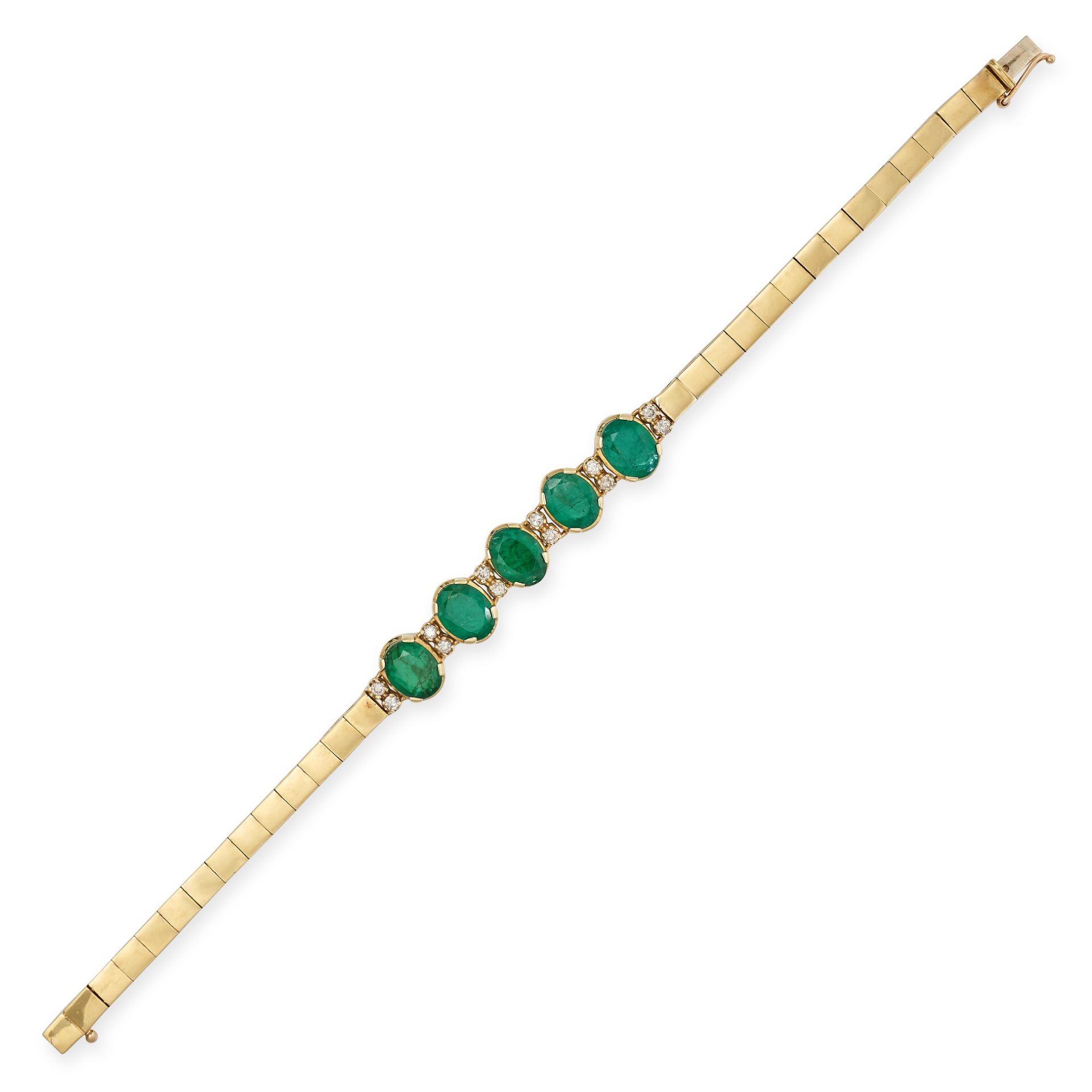AN EMERALD AND DIAMOND BRACELET in 18ct yellow gold, set with five oval cut emeralds accented by ...