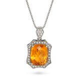 A CITRINE AND DIAMOND PENDANT NECKLACE in 18ct white gold, the pendant set with a fancy cut citri...